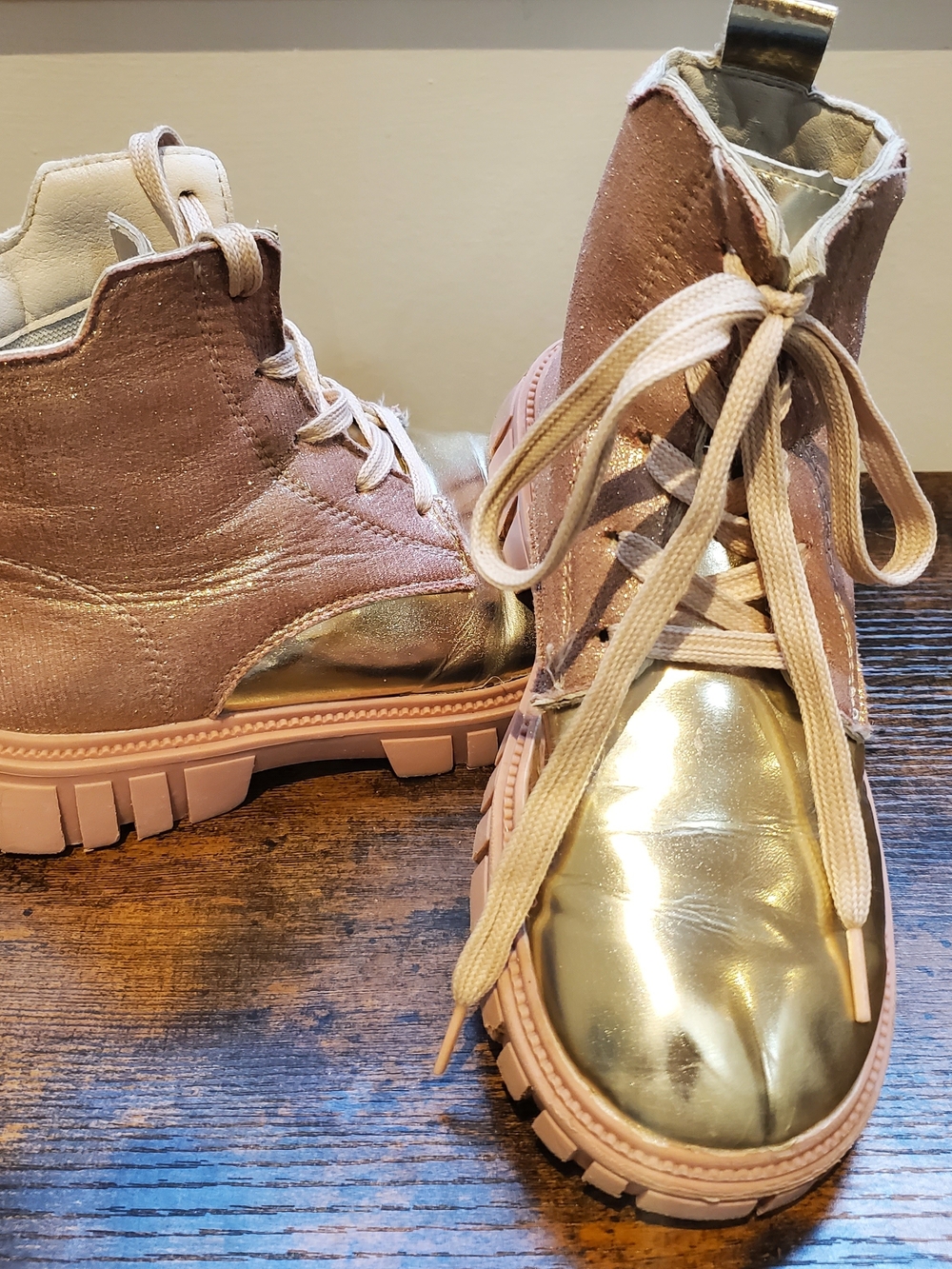 Girls Metallic Gold & Blush Glitter Pink Lace-Up Boots - Picture 4 of 6